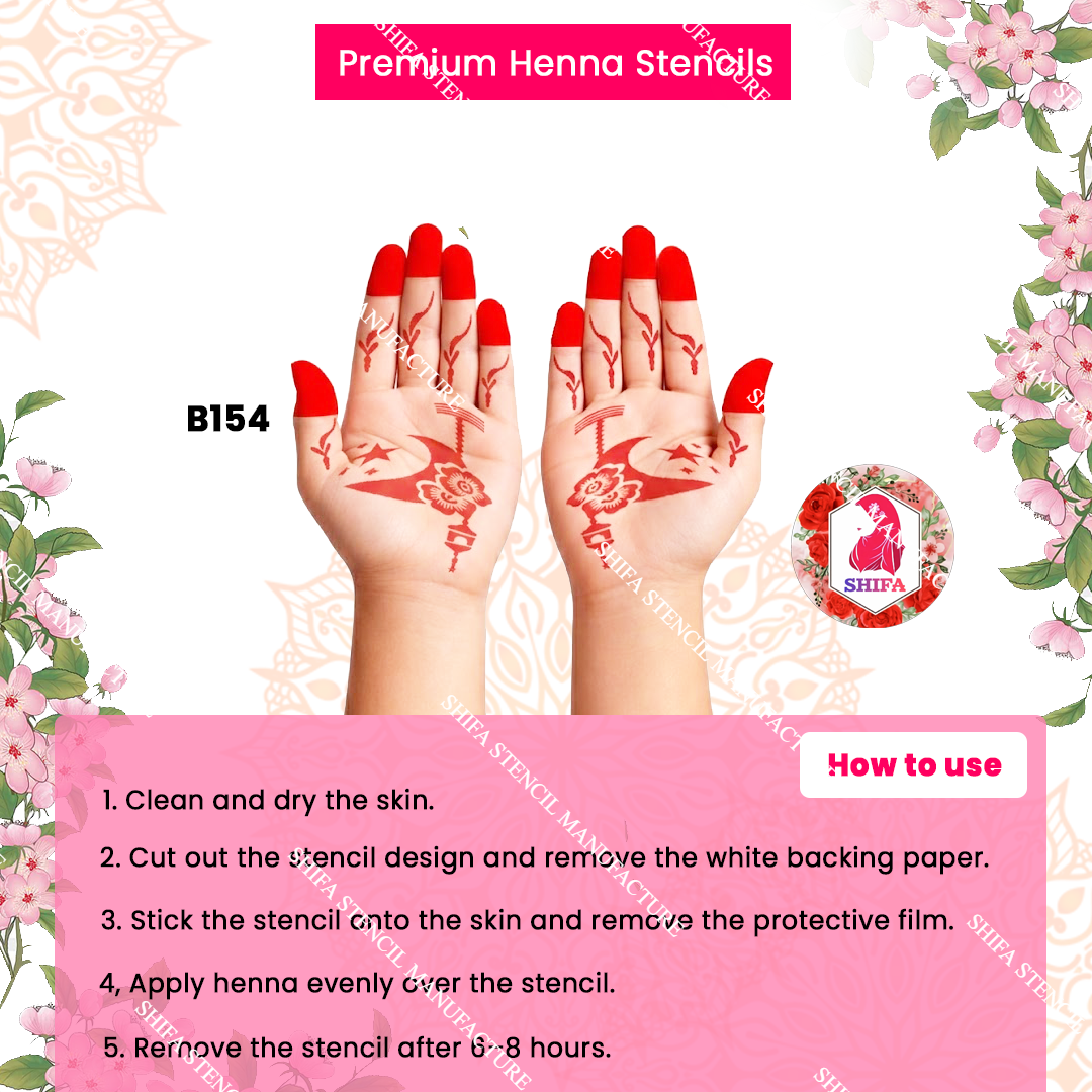 B154 (age 5 to 10) Moonlit Petal Whisper Double Hand Henna Stencil